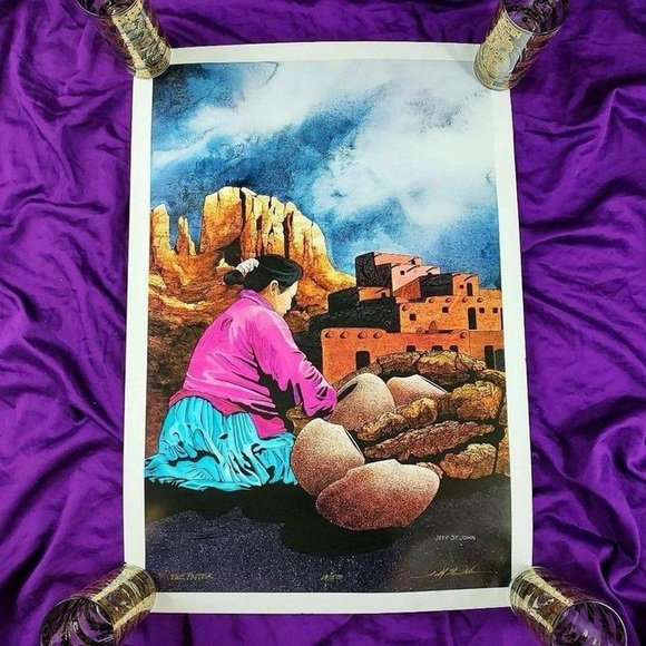 1990s Y2K Jeff St. John Southwestern Potter Native American Indian Signed Print - Picture 1 of 7